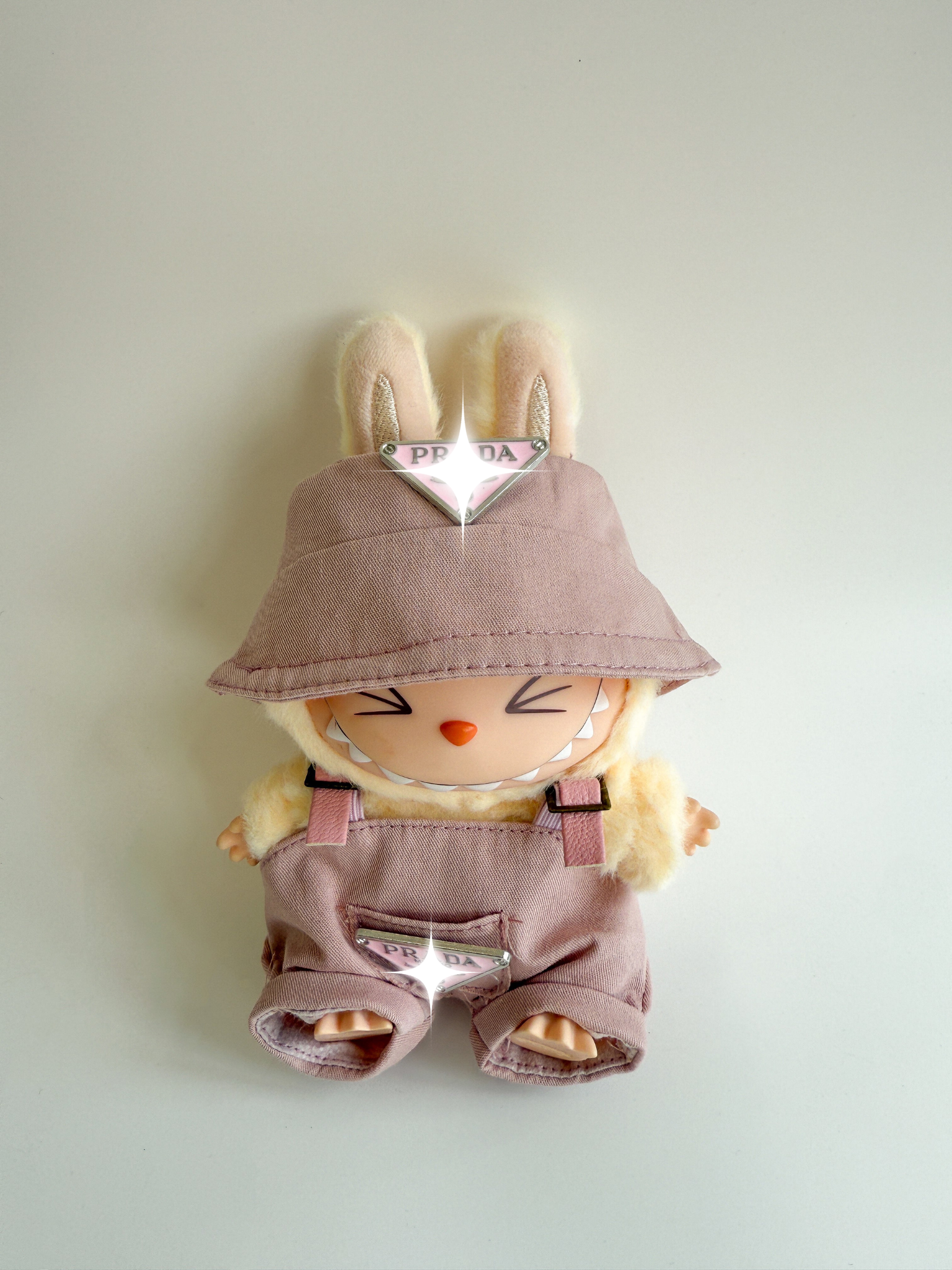 Labubu Pink Bucket Hat & Overalls Outfit – Triangle Detail Edition
