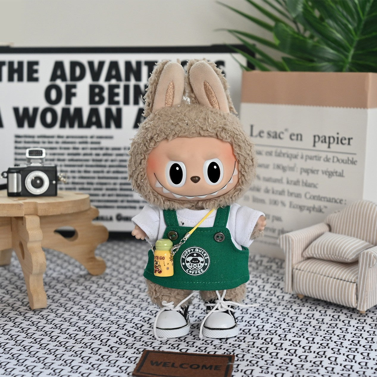 Labubu doll clothes in Starbucks-inspired green overall and hat