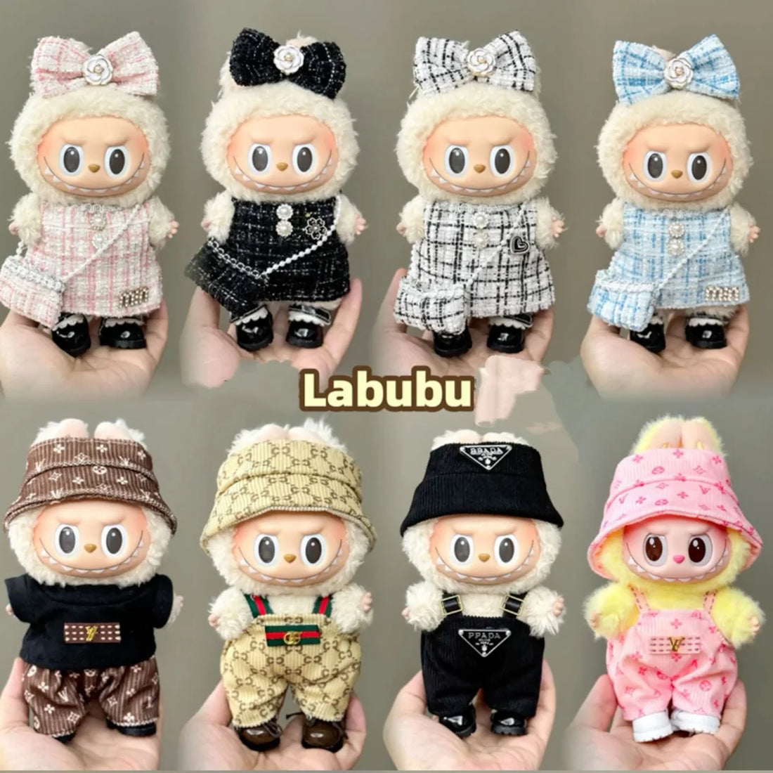 A Labubu doll at a crossroads, choosing between DIY crafting materials and a professionally packaged set of Labubu doll clothes.