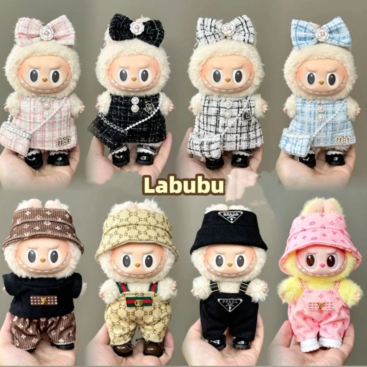 A Labubu doll at a crossroads, choosing between DIY crafting materials and a professionally packaged set of Labubu doll clothes.