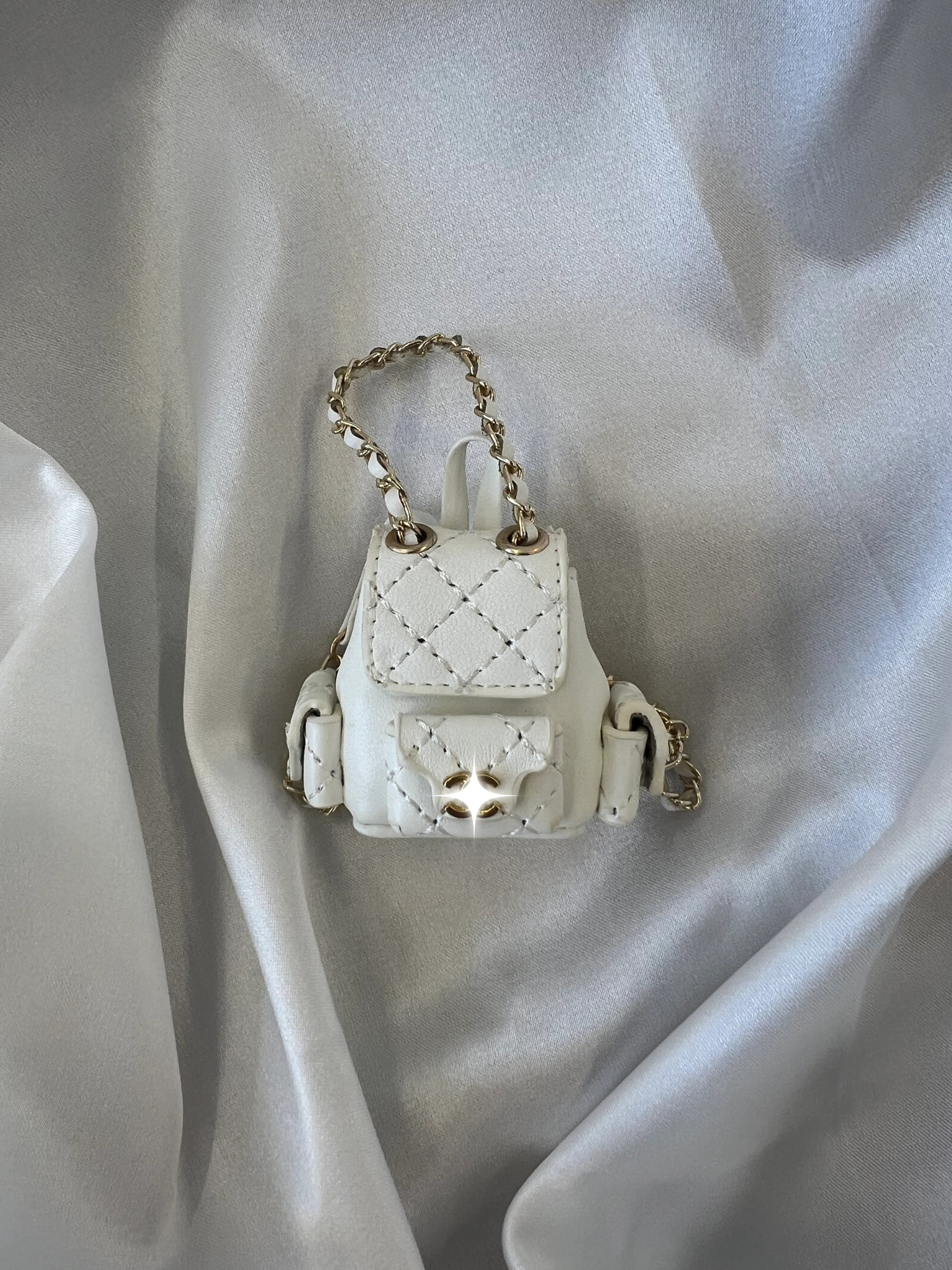Labubu Miniature Luxury Backpack - White Quilted with Gold Accents