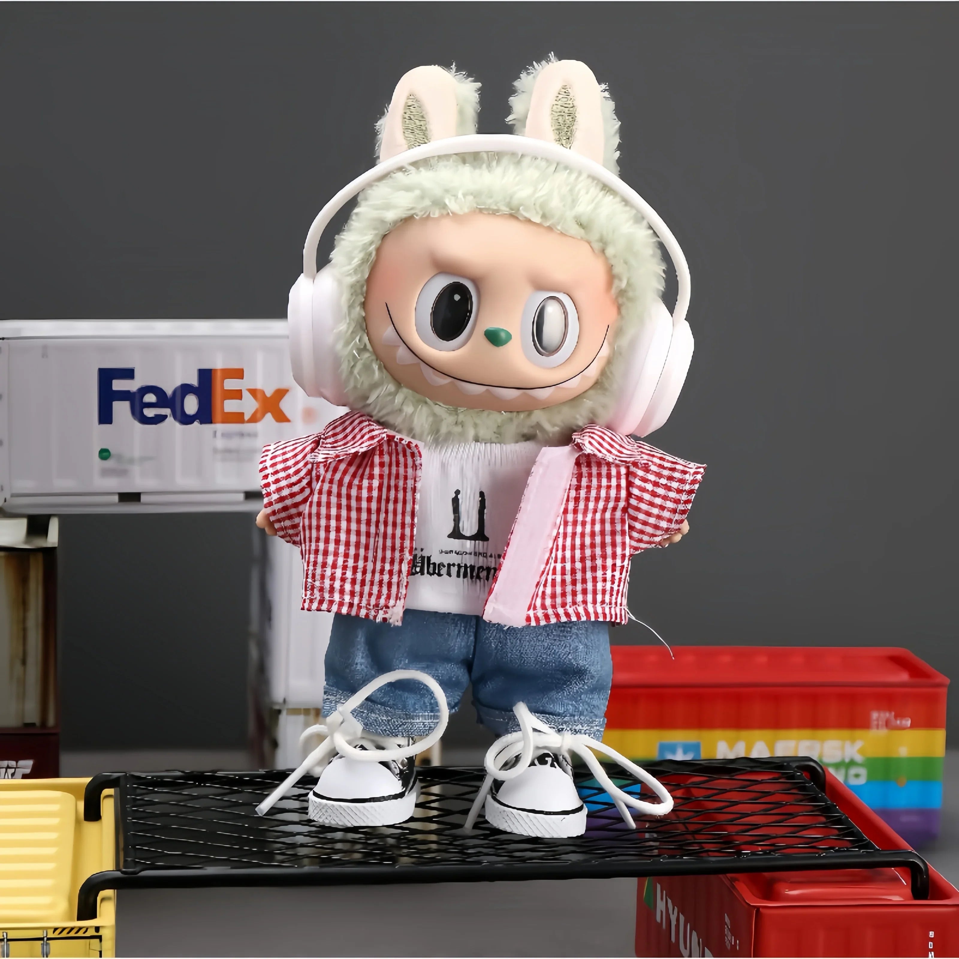 labubu doll cloth Pop Mart Labubu 1/2/3 Gen Doll Clothes GD Style White Headphones 5-Piece Streetwear Set (Clothes Only)