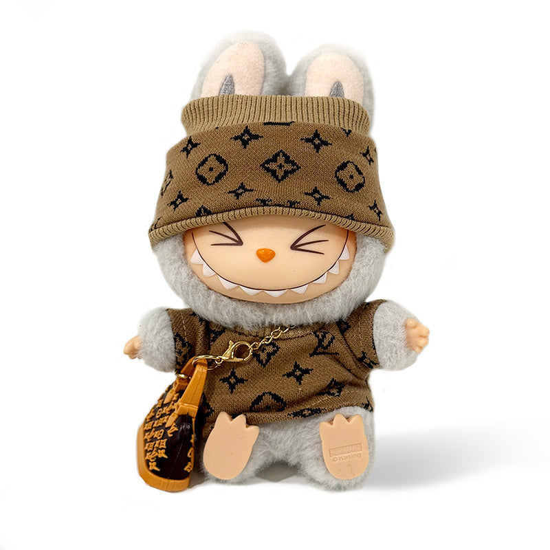 A cute camel color LV-inspired beanie for Labubu, with delicate details, perfect for adding a stylish touch to your Labubu doll