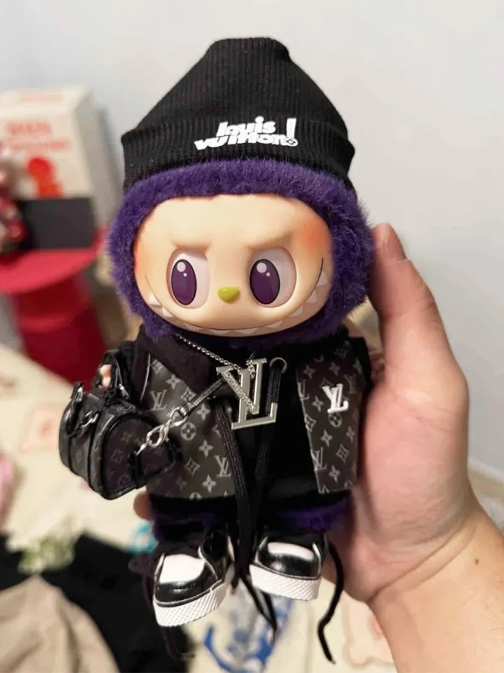 The side view of the LV - like black bag in the Labubu doll clothes outfit shows its unique shape and charm.