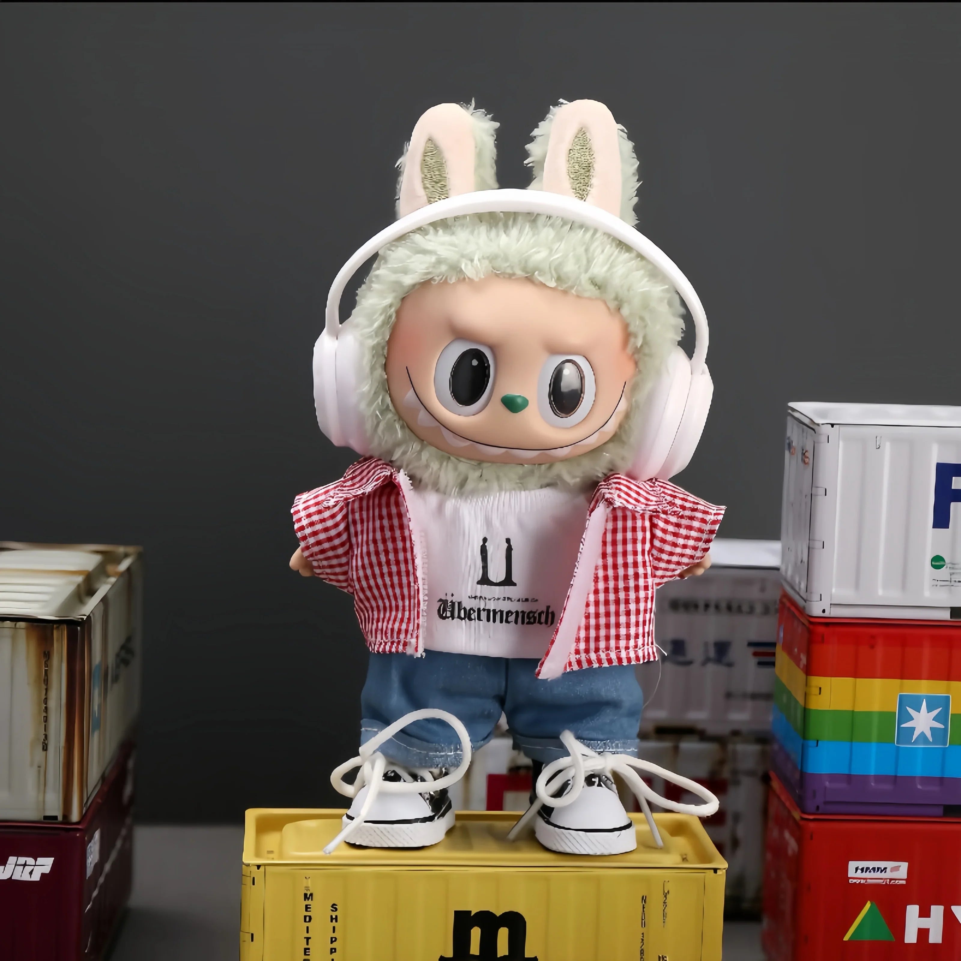labubu doll cloth Pop Mart Labubu 1/2/3 Gen Doll Clothes GD Style White Headphones 5-Piece Streetwear Set (Clothes Only)