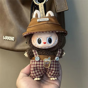 Brown overalls Labubu doll clothes front view