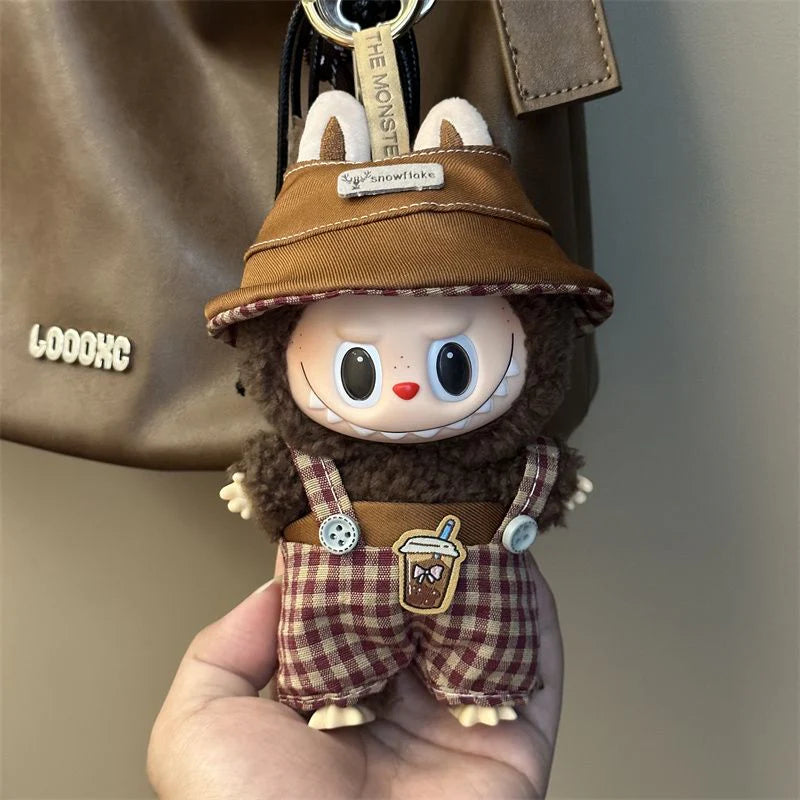 Brown overalls Labubu doll clothes front view