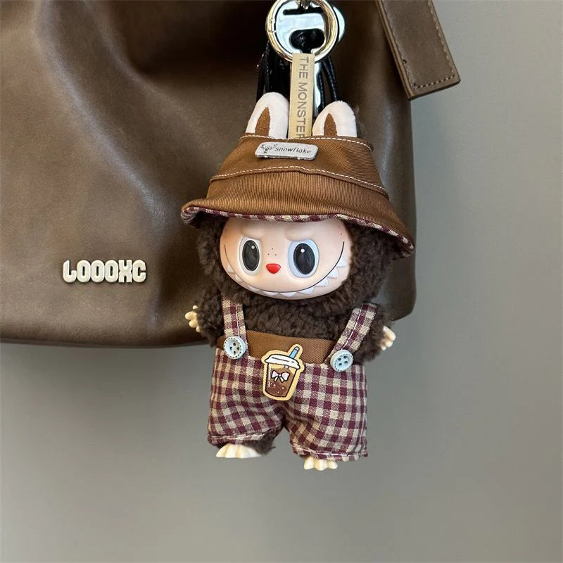 Side view of vintage Labubu doll clothes with brown hat