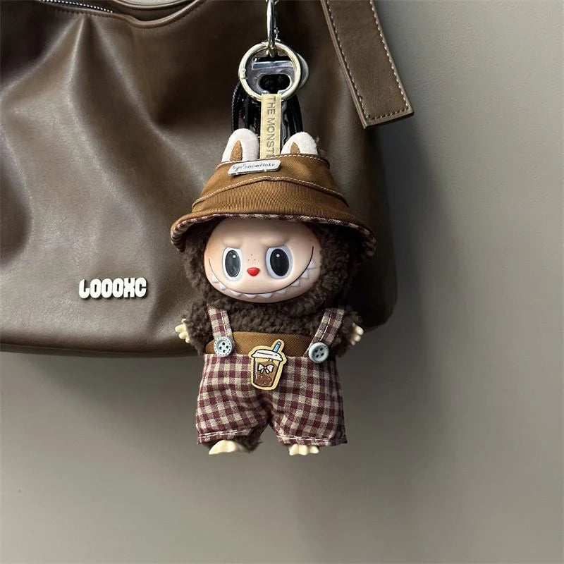 Labubu doll outfit set with rustic background styling