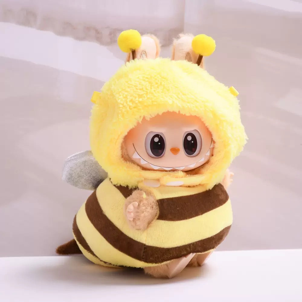 Soft plush labubu outfit with yellow and black stripes