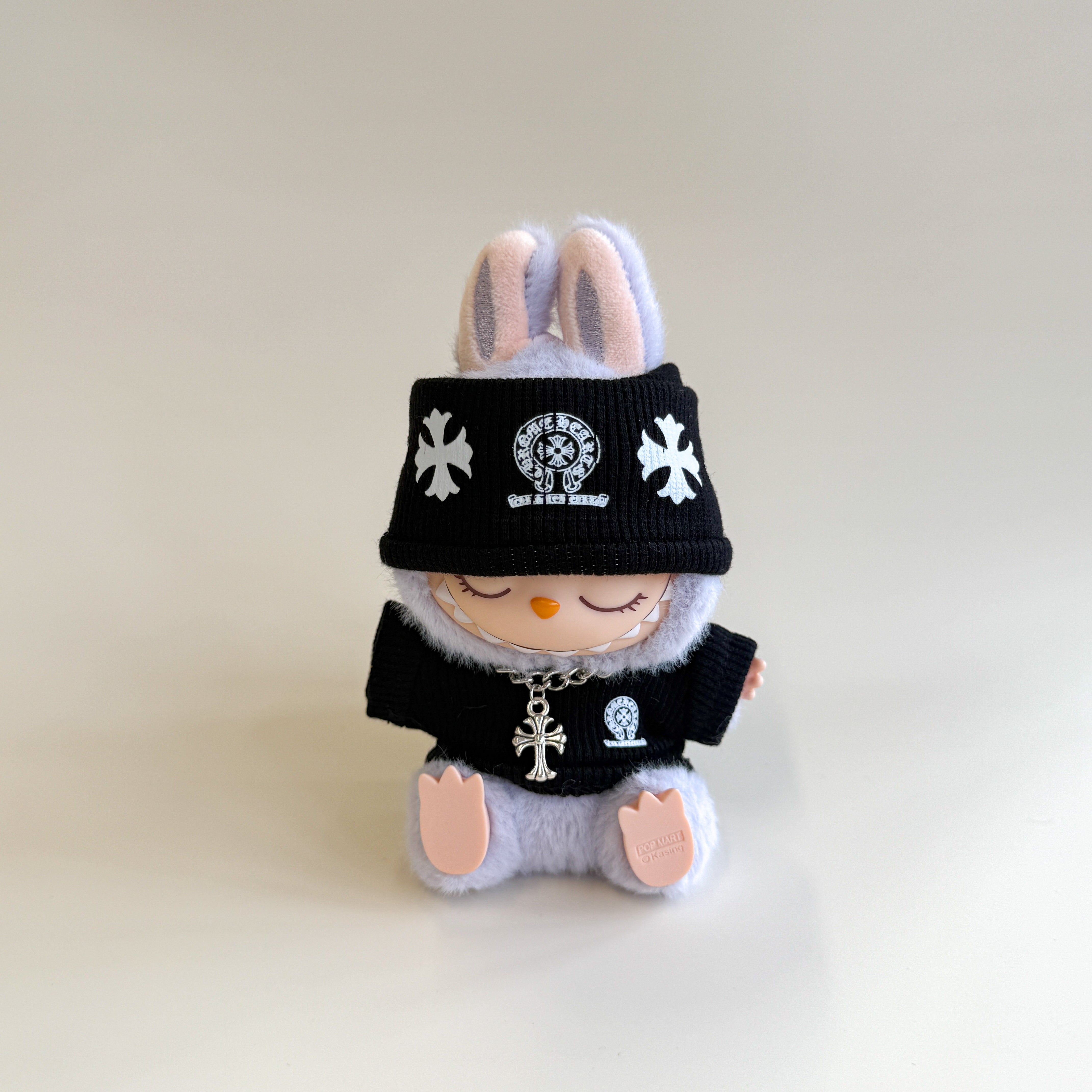 Back view of Labubu in luxe outfit set
