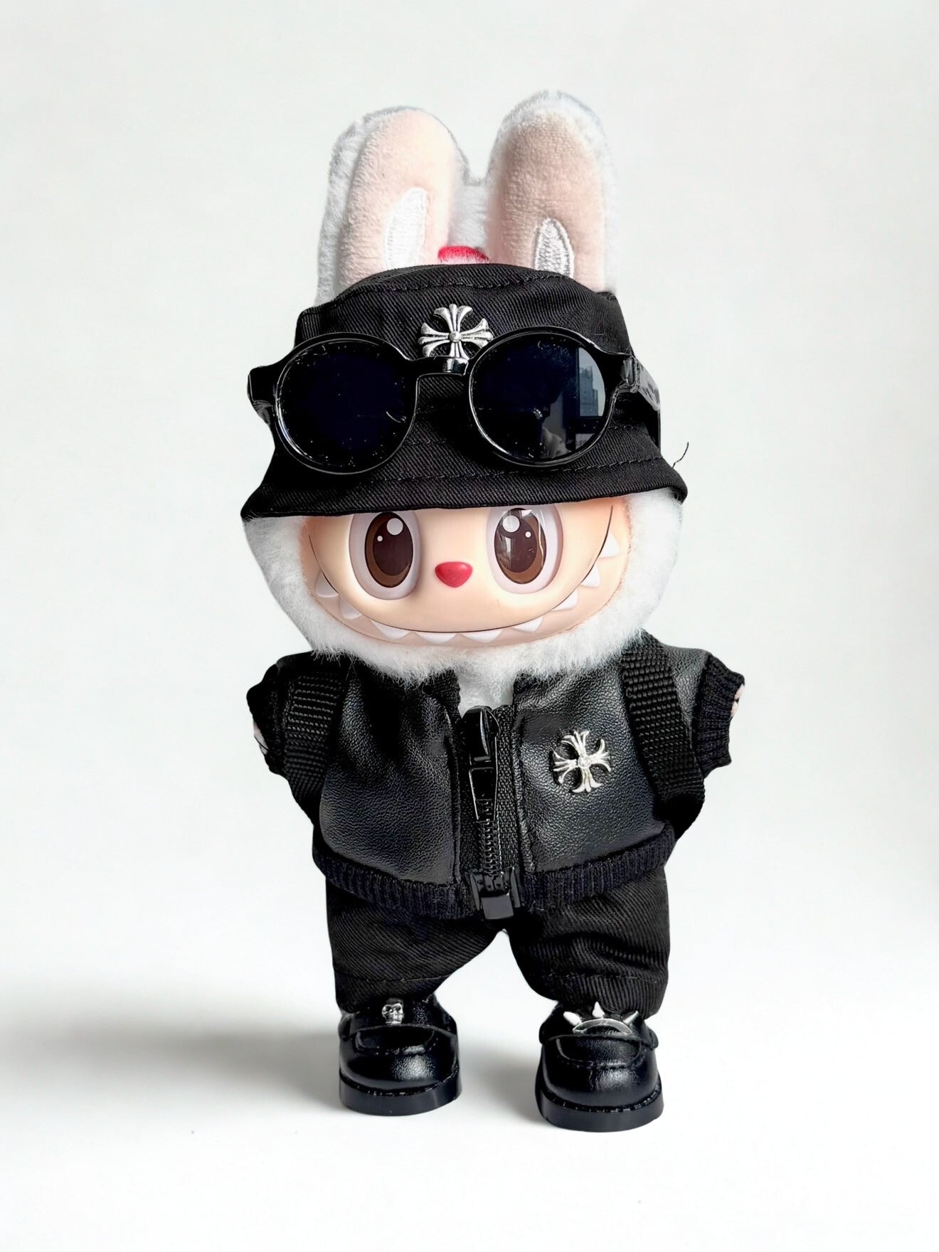 Labubu doll clothes streetwear set front view with black urban outfit