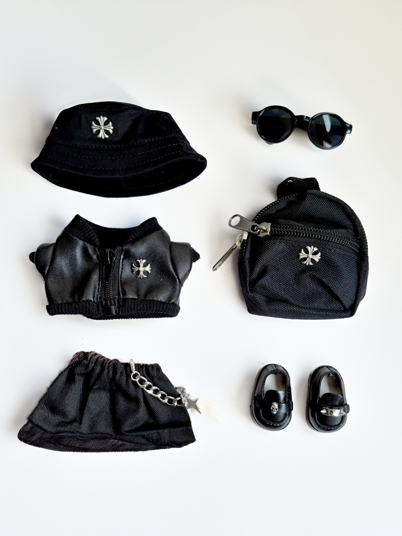 Labubu doll clothes side angle showcasing Chrome H inspired outfit
