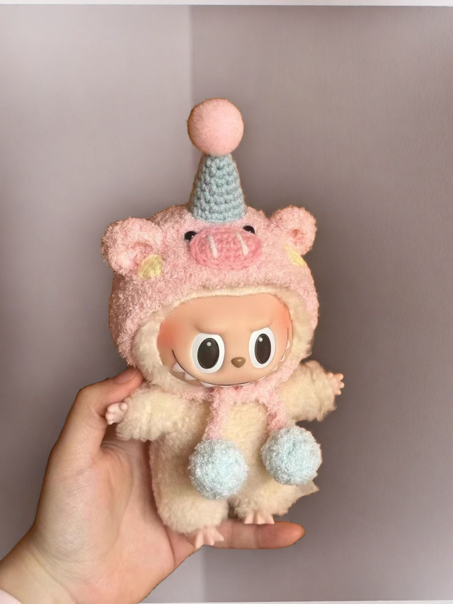 Labubu doll wearing cozy adorable pig outfit