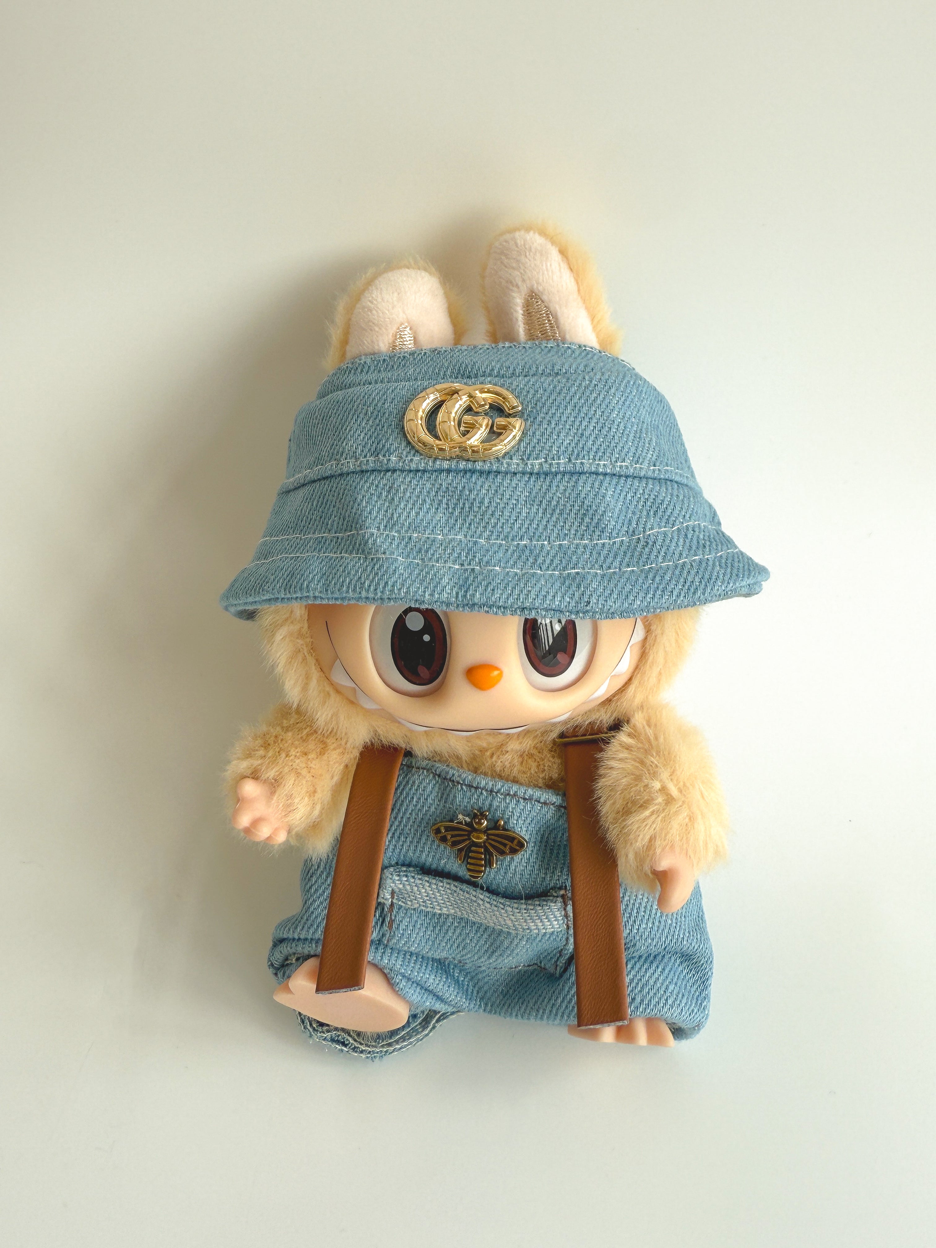 Front view of Labubu doll clothes Denim Visor & Overalls Set GG inspired