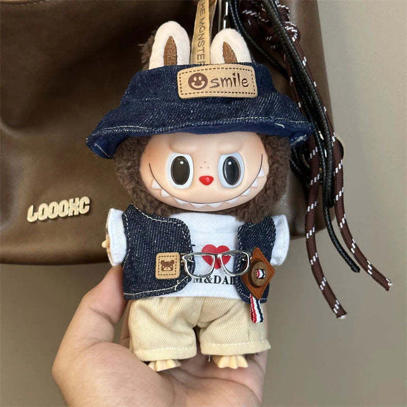 Side view of cool Labubu doll outfit with hat