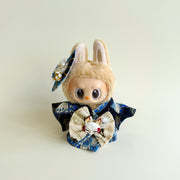 Labubu Doll Clothes - Kimono Set with Blue Crane Pattern and Fox Mask Bow