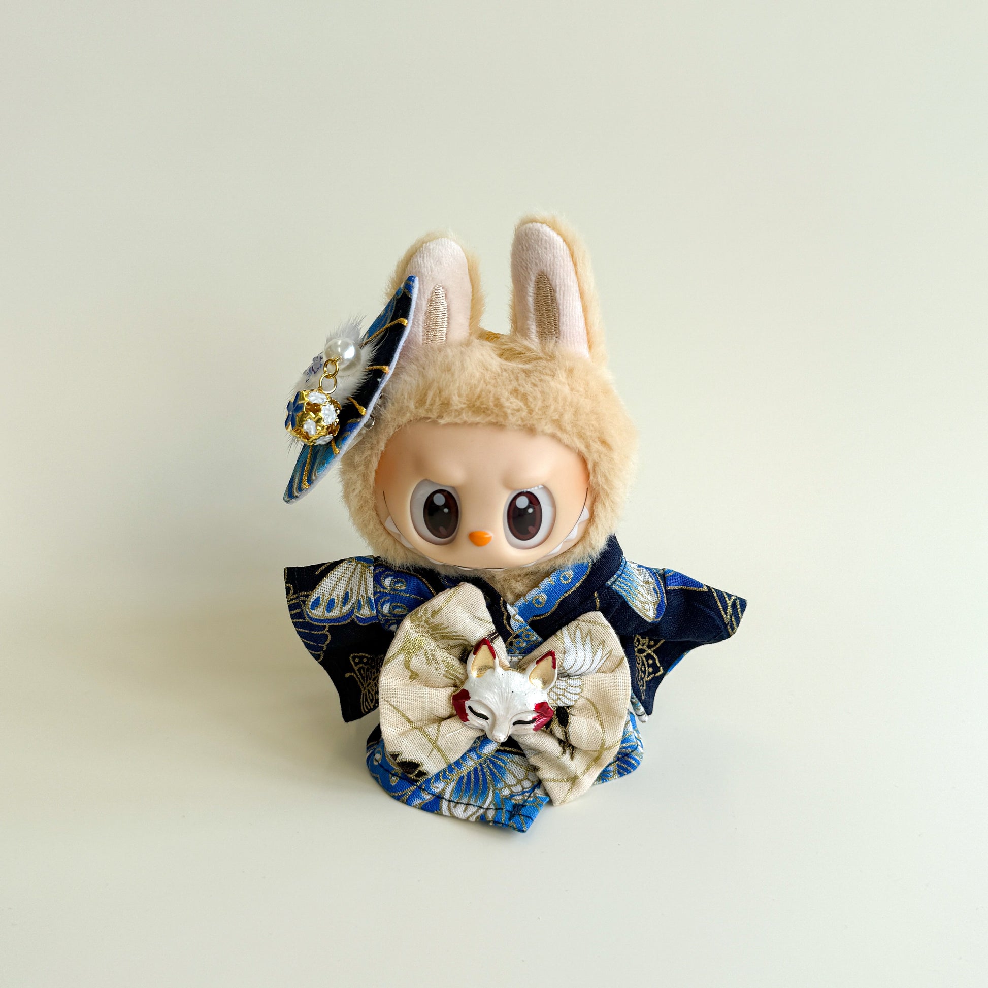 Labubu Doll Clothes - Kimono Set with Blue Crane Pattern and Fox Mask Bow