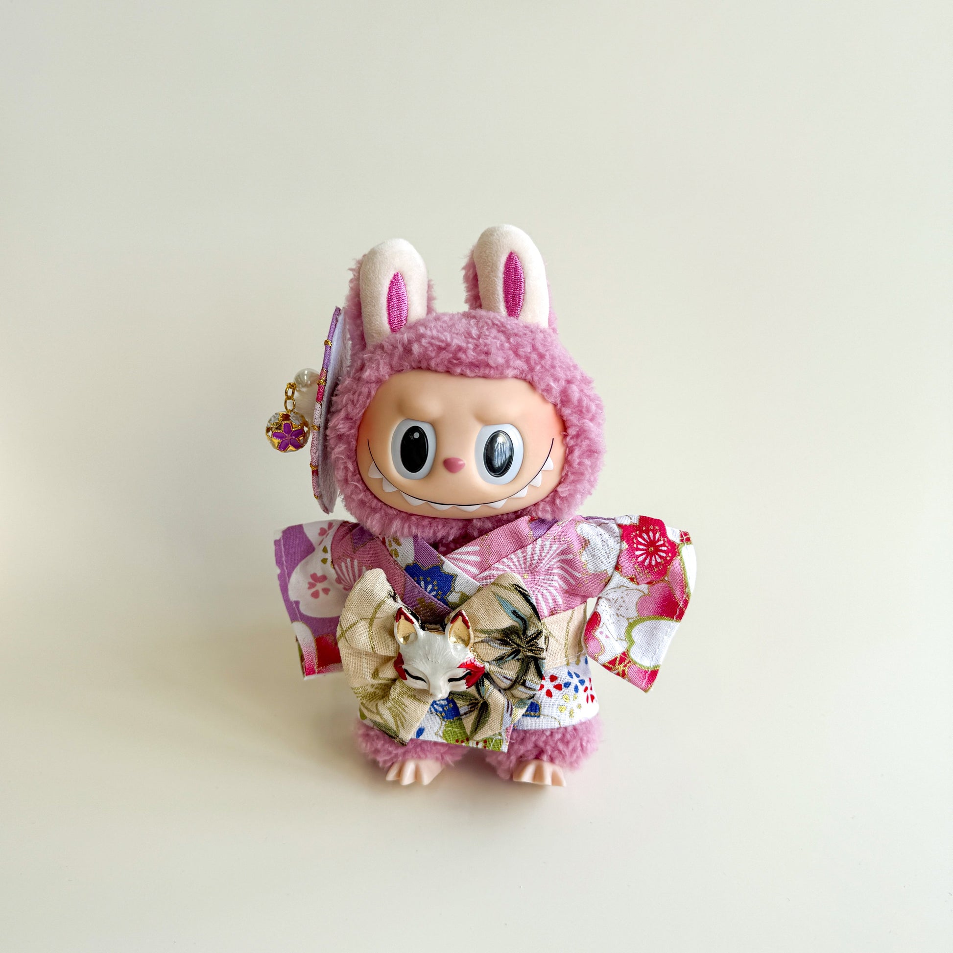 Labubu Doll Clothes - Kimono Set with Purple Floral Pattern and Fox Mask Bow