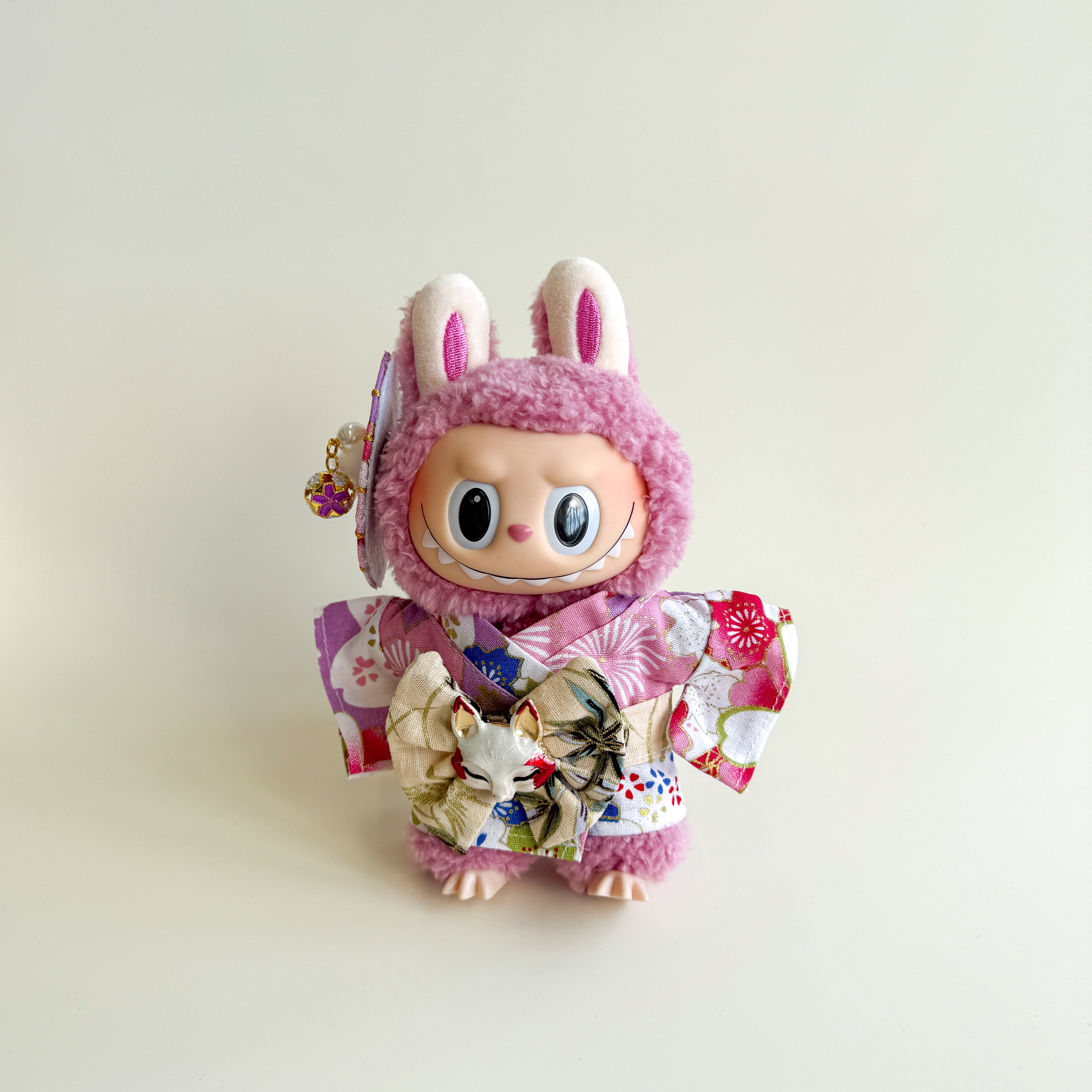 Labubu Doll Clothes - Kimono Set with Purple Floral Pattern and Fox Mask Bow