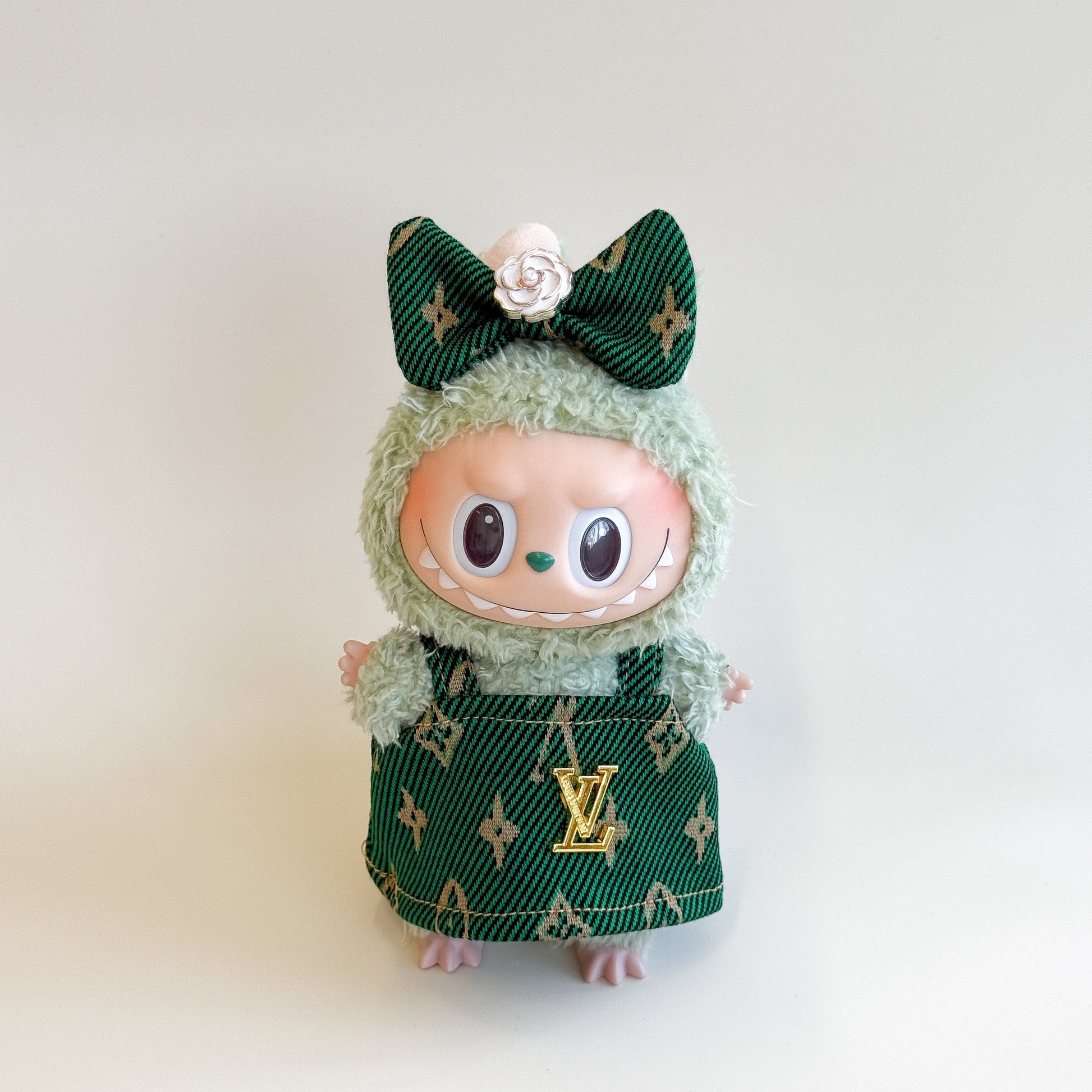 Close-up detail of luxury fabric in Labubu doll clothes Luxury Fashion Set