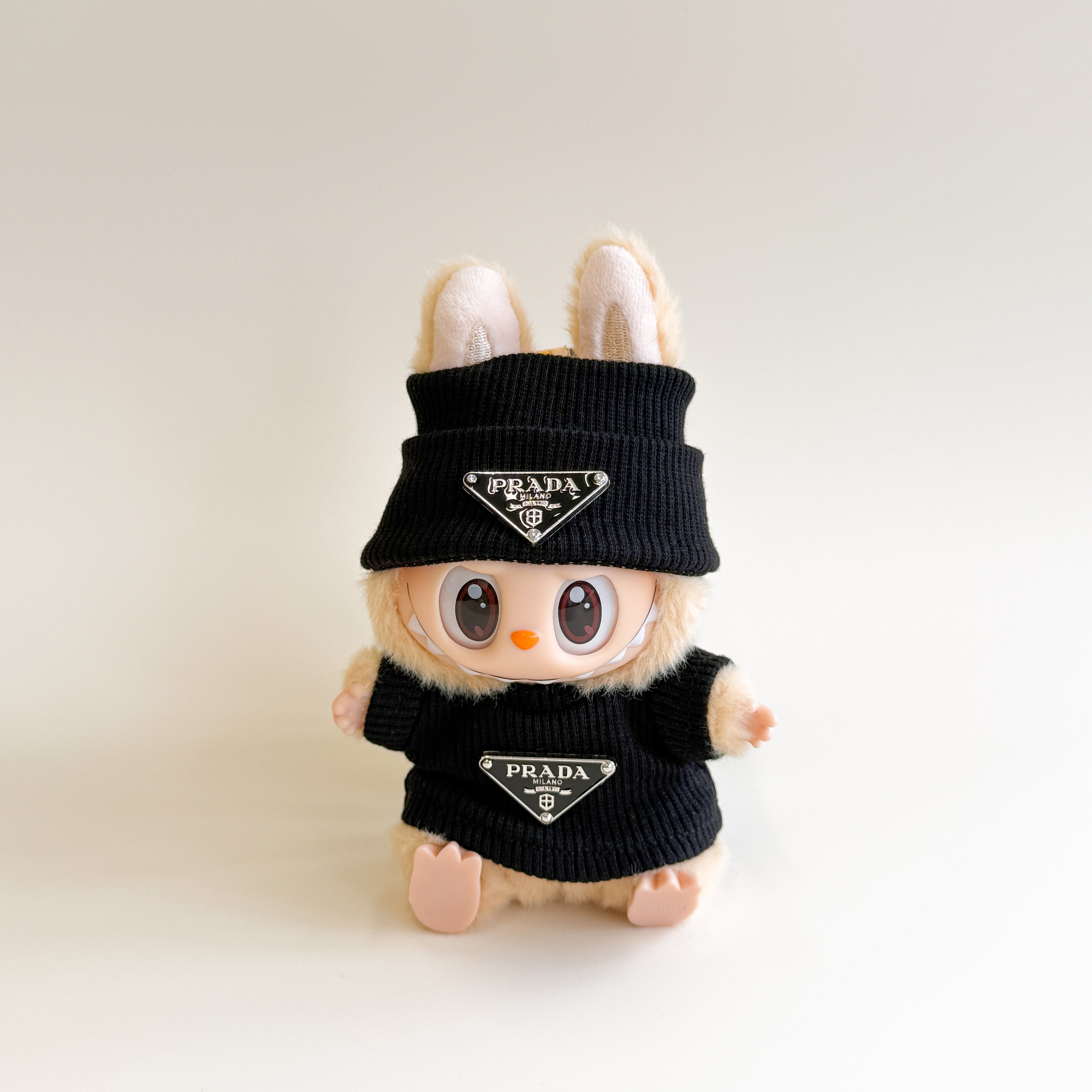 Front view of Labubu doll clothes Luxury Ribbed Set with P inspired silver logo