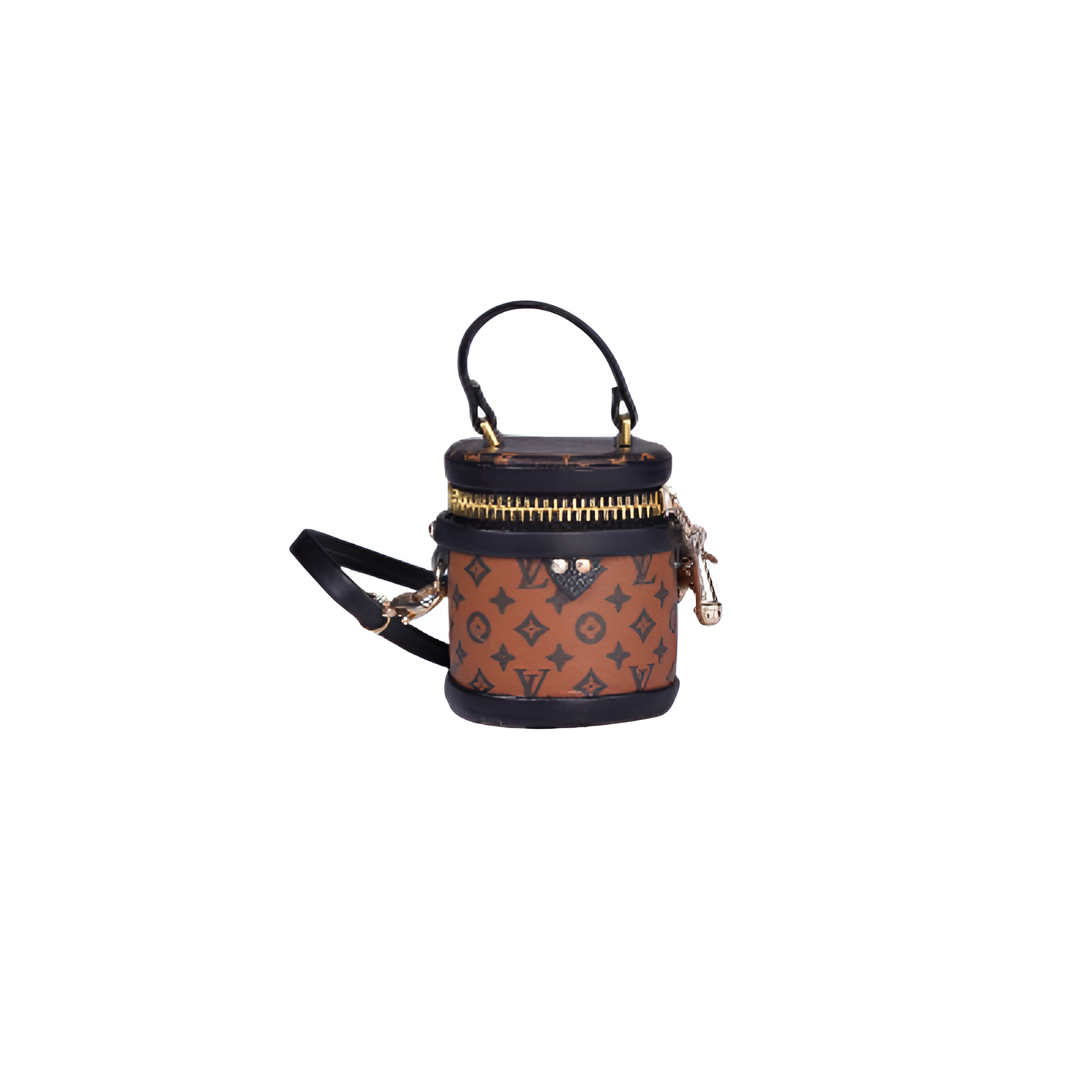 Labubu doll with L.V. inspired miniature canister bag