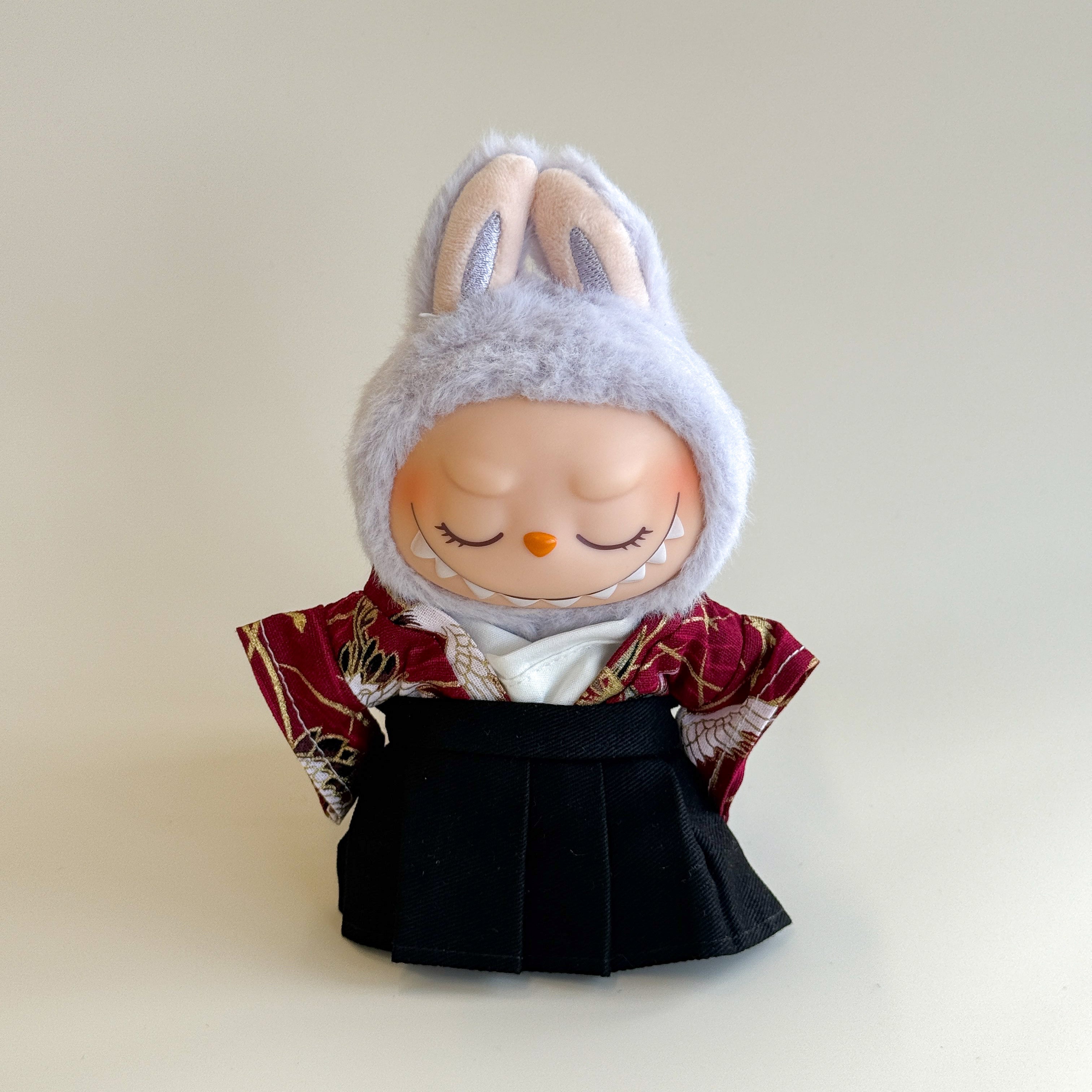 Labubu Doll Clothes - Male Kimono Set with Red Crane Pattern - Front View
