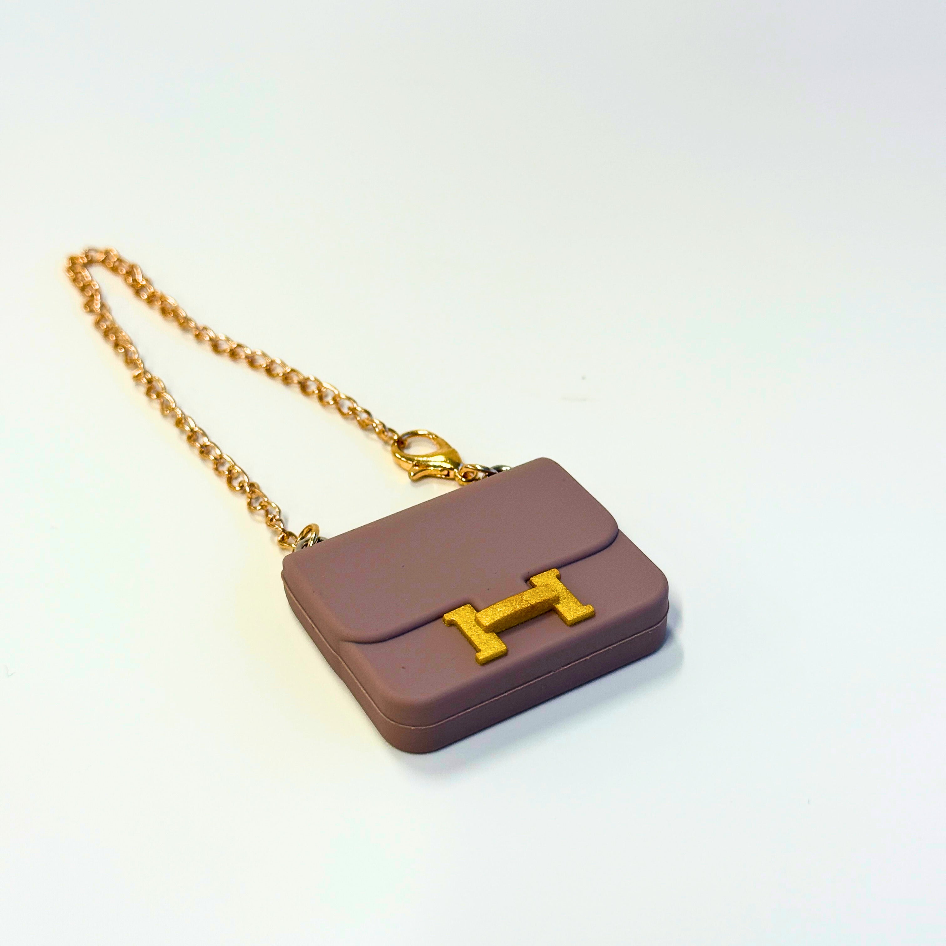 Labubu doll clothes Mini Constance Bag front view in taupe with gold accent