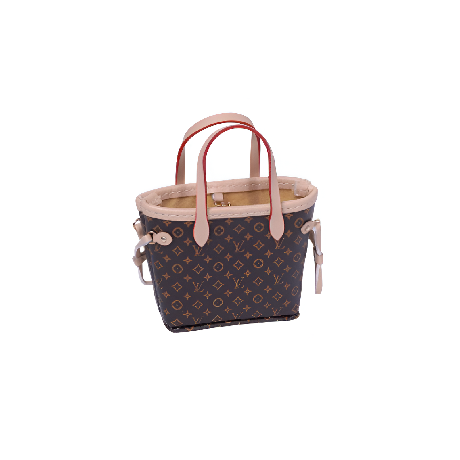 Close-up of monogram pattern on Labubu doll clothes miniature Neverfull tote