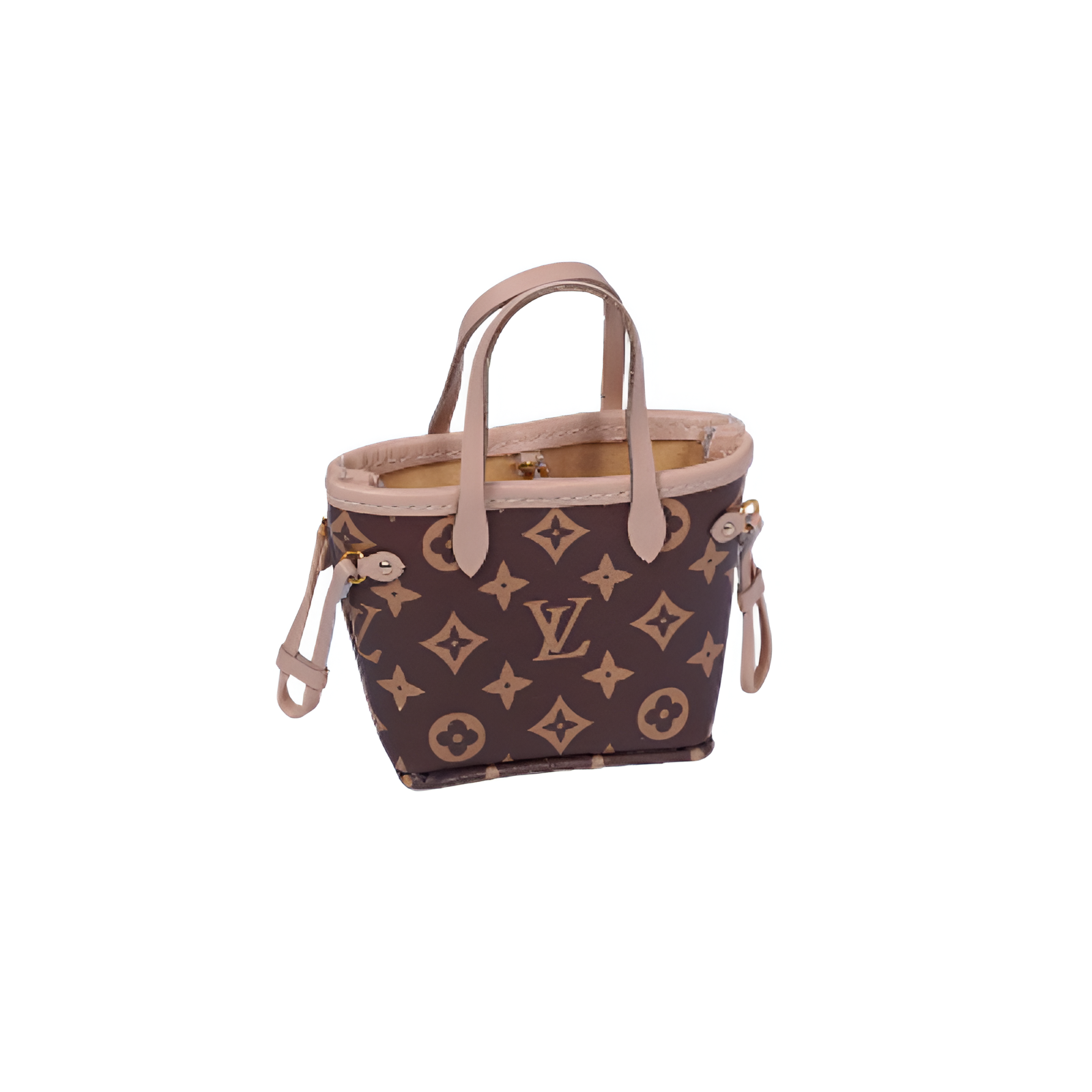 Front view of Labubu doll clothes miniature monogram Neverfull tote inspired by L.V.