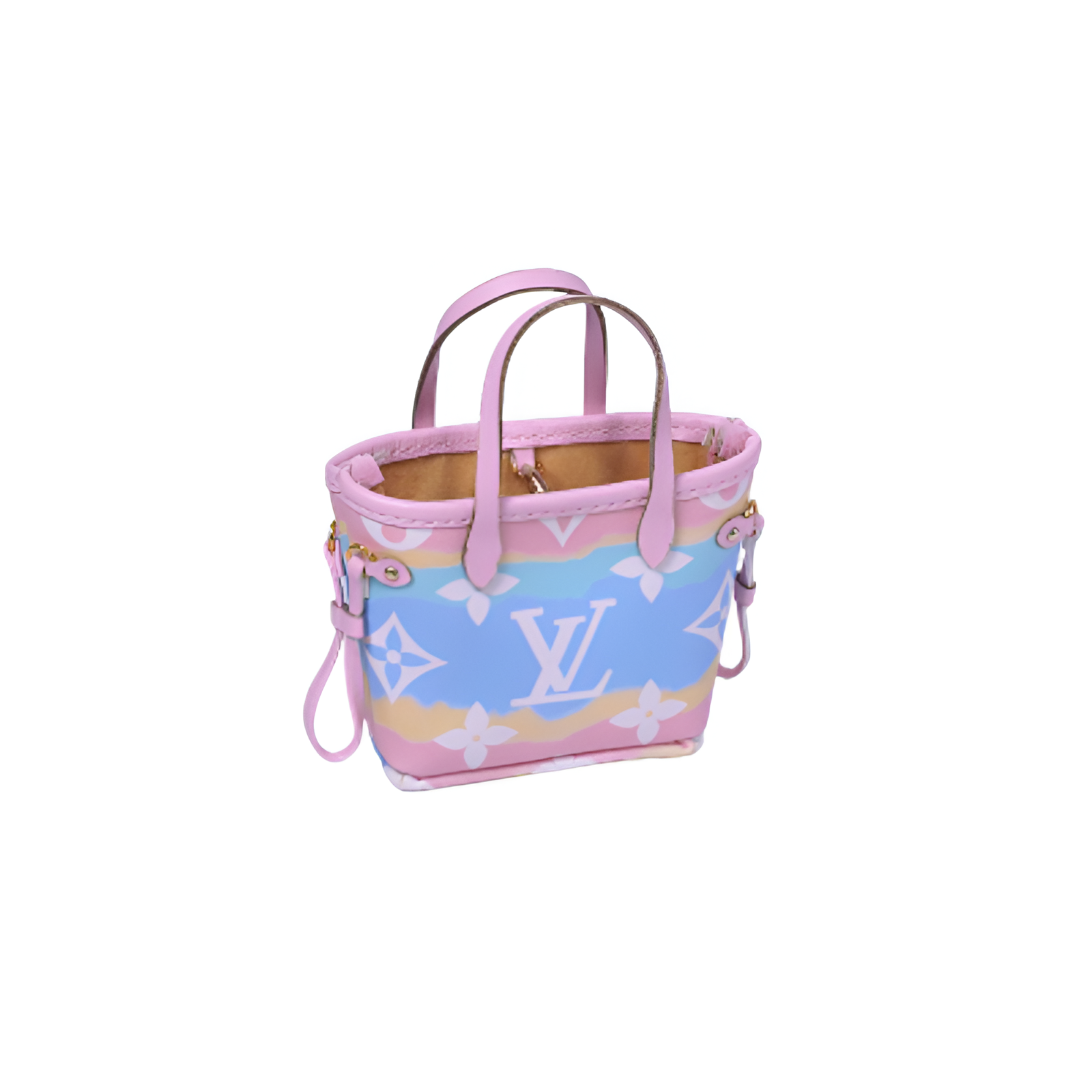 Side profile showing details of Labubu doll clothes miniature monogram Neverfull tote