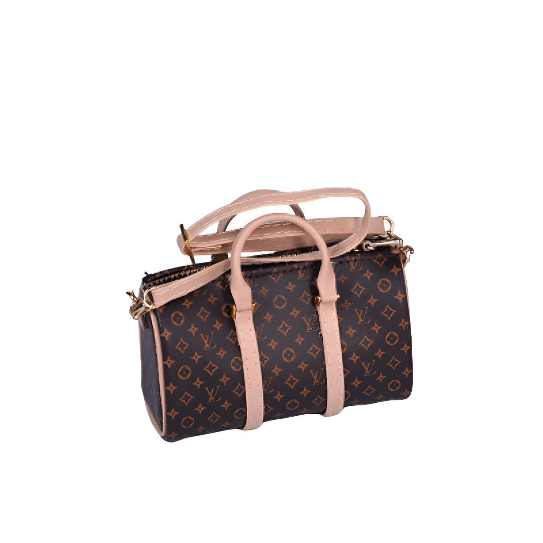 Front view of Labubu doll clothes L.V. inspired miniature Speedy handbag