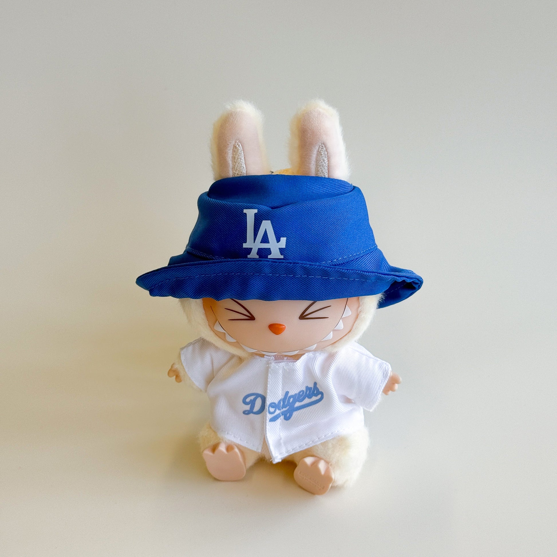 Close-up of details on Labubu baseball clothes