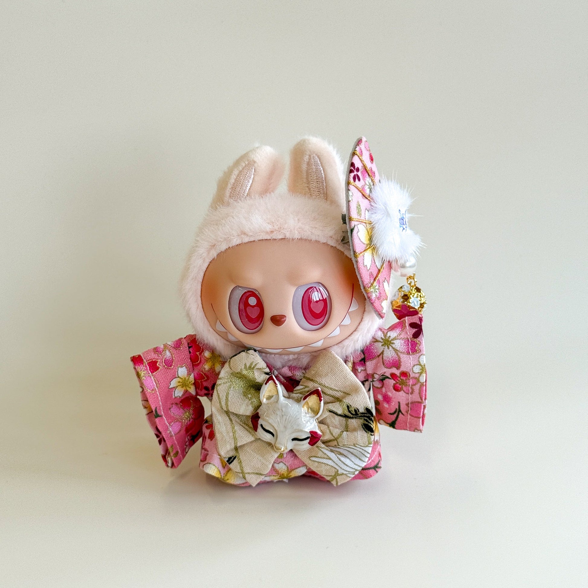Labubu Doll Clothes - Pink Cherry Blossom Kimono Set with Fox Mask Bow - Front View