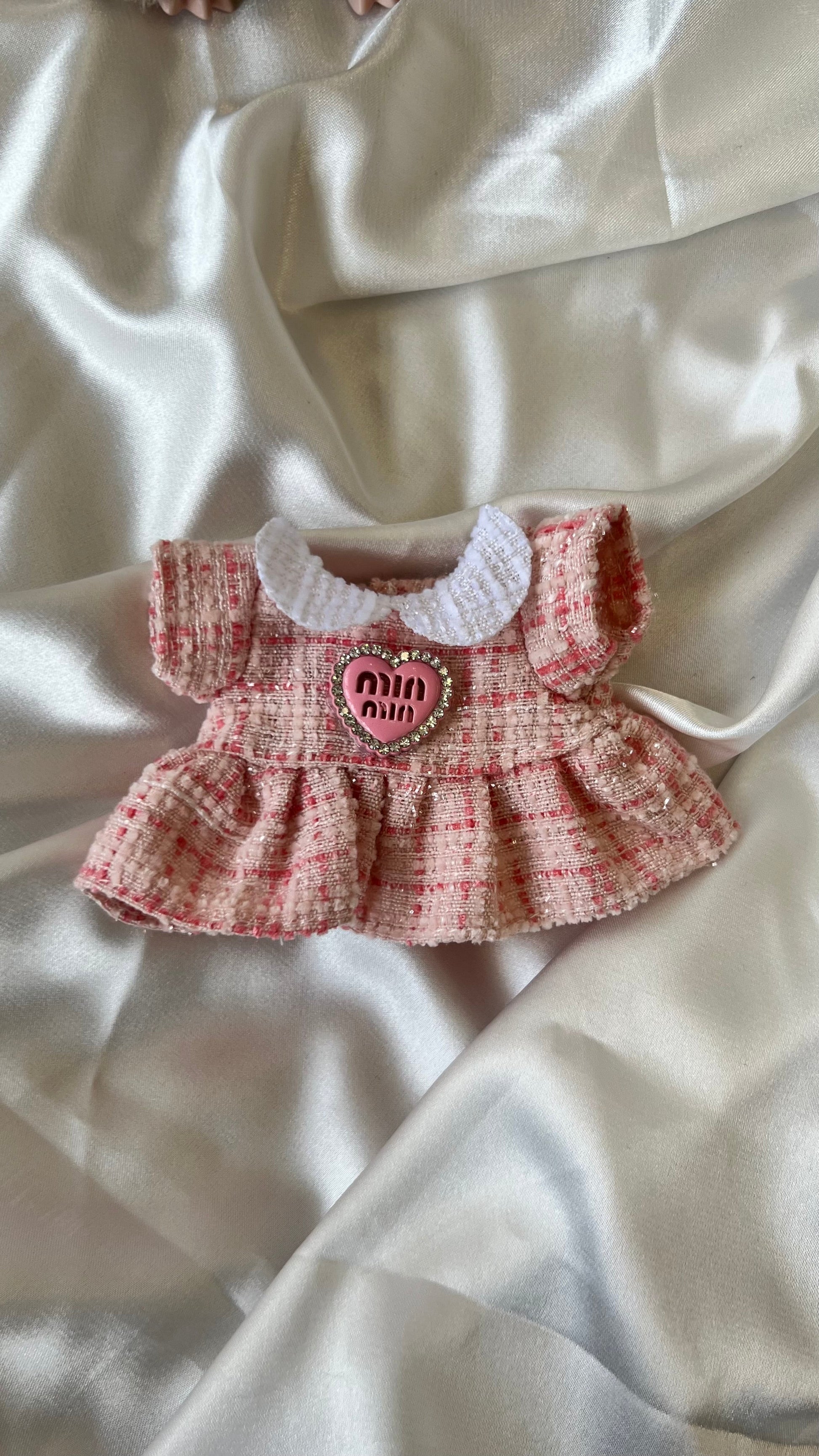Back view of Labubu doll clothes pink tweed set