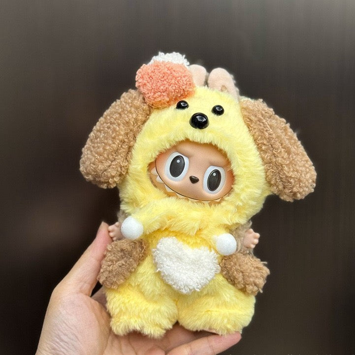 Labubu doll clothes featuring a fuzzy dog-style pullover