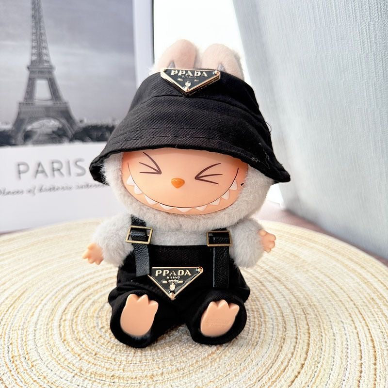 Front view of Labubu doll clothes with hat, glasses, and backpack