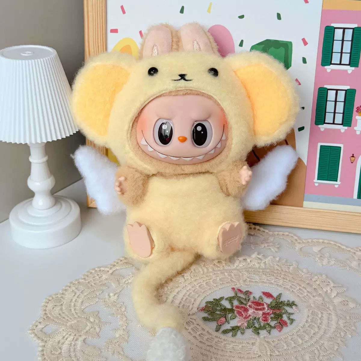 Labubu doll clothes in yellow mouse plush design