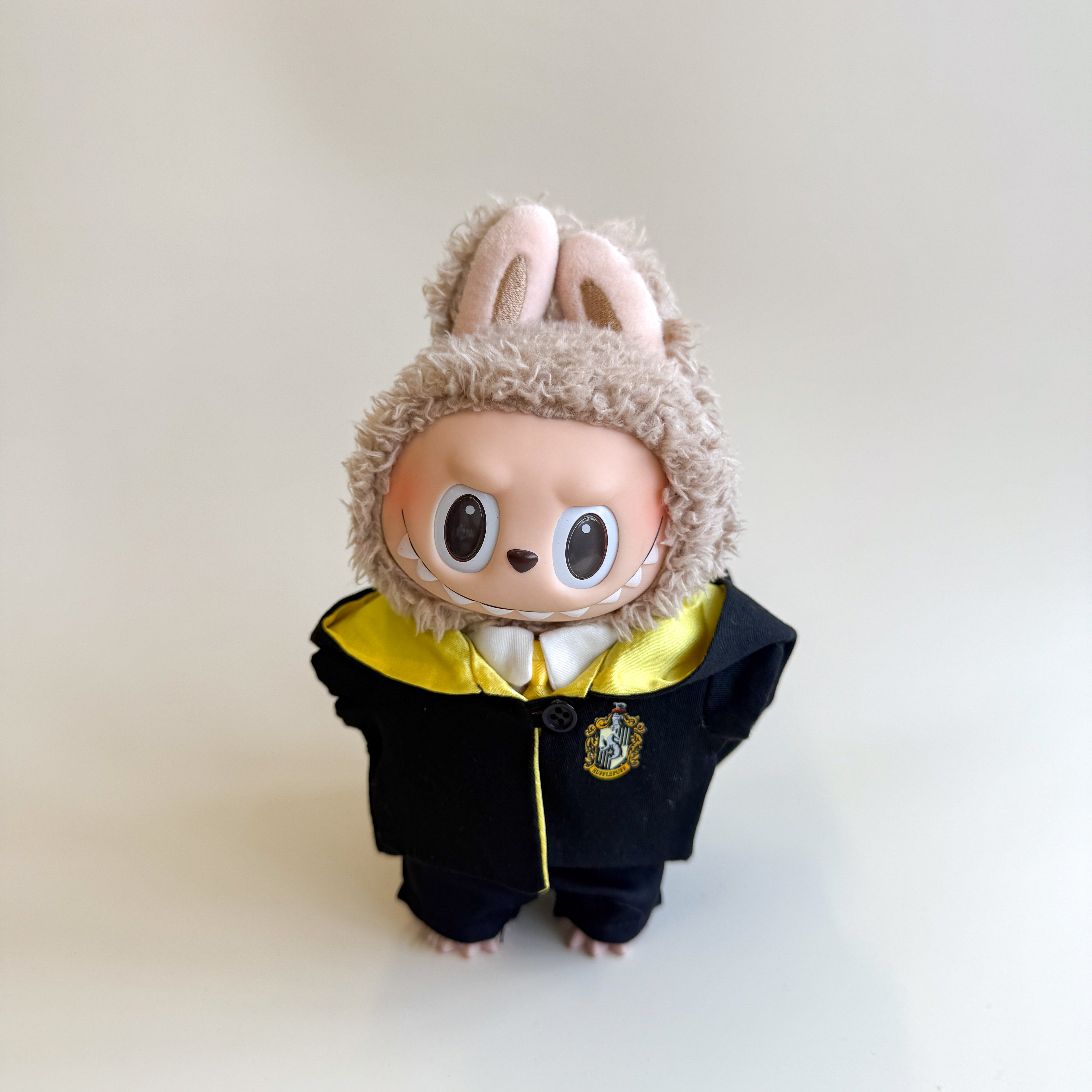 Front view of Labubu doll clothes yellow wizard outfit inspired by HP
