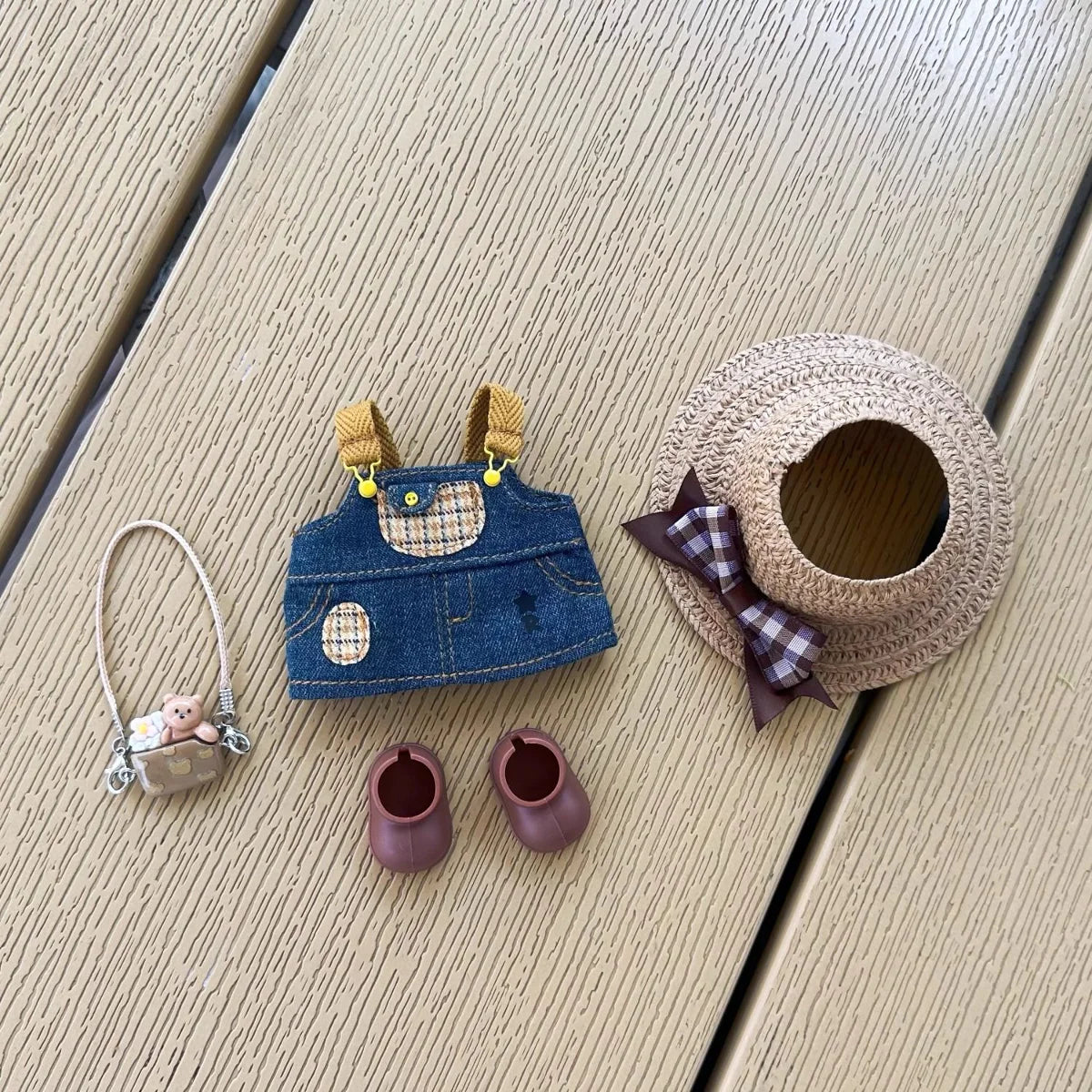 Labubu girl doll styled with cute denim skirt