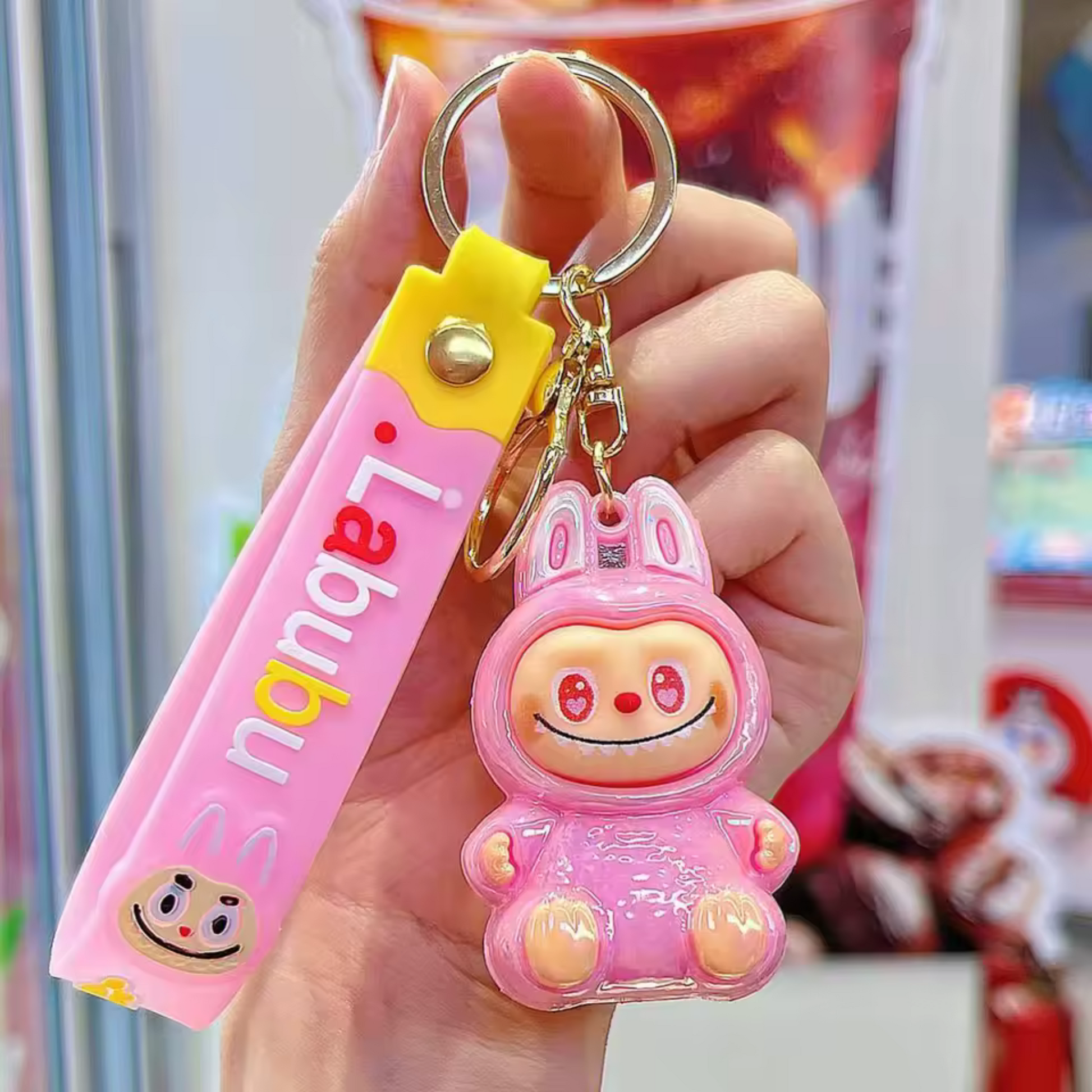 Pink Shiny Sitting Labubu Keychain, perfect for cute Labubu outfit photography